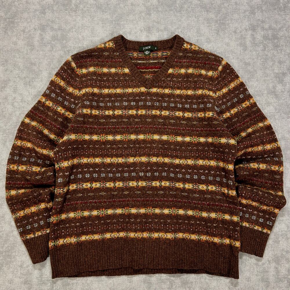 Vintage J.Crew Lambswool Fair Isle Nordic Sweater Womens L Brown Striped